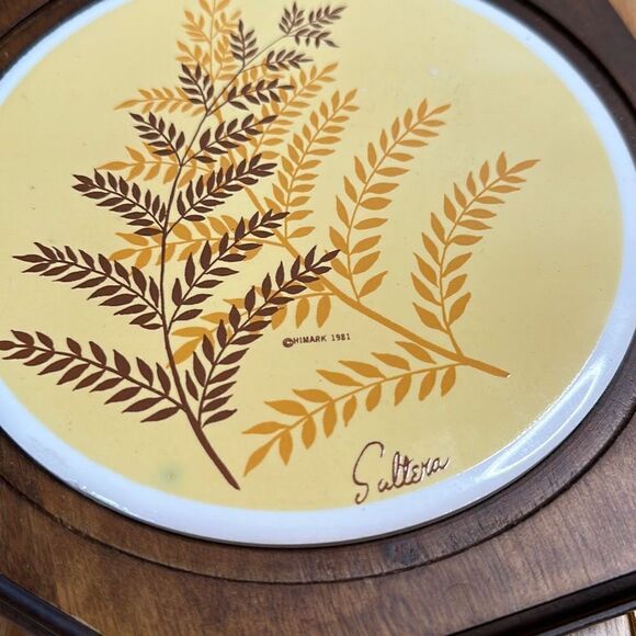 1981 HIMARK SALTERA Wood Cheese Board Cloche Yellow Brown Fronds ferns hot plate - Picture 2 of 7